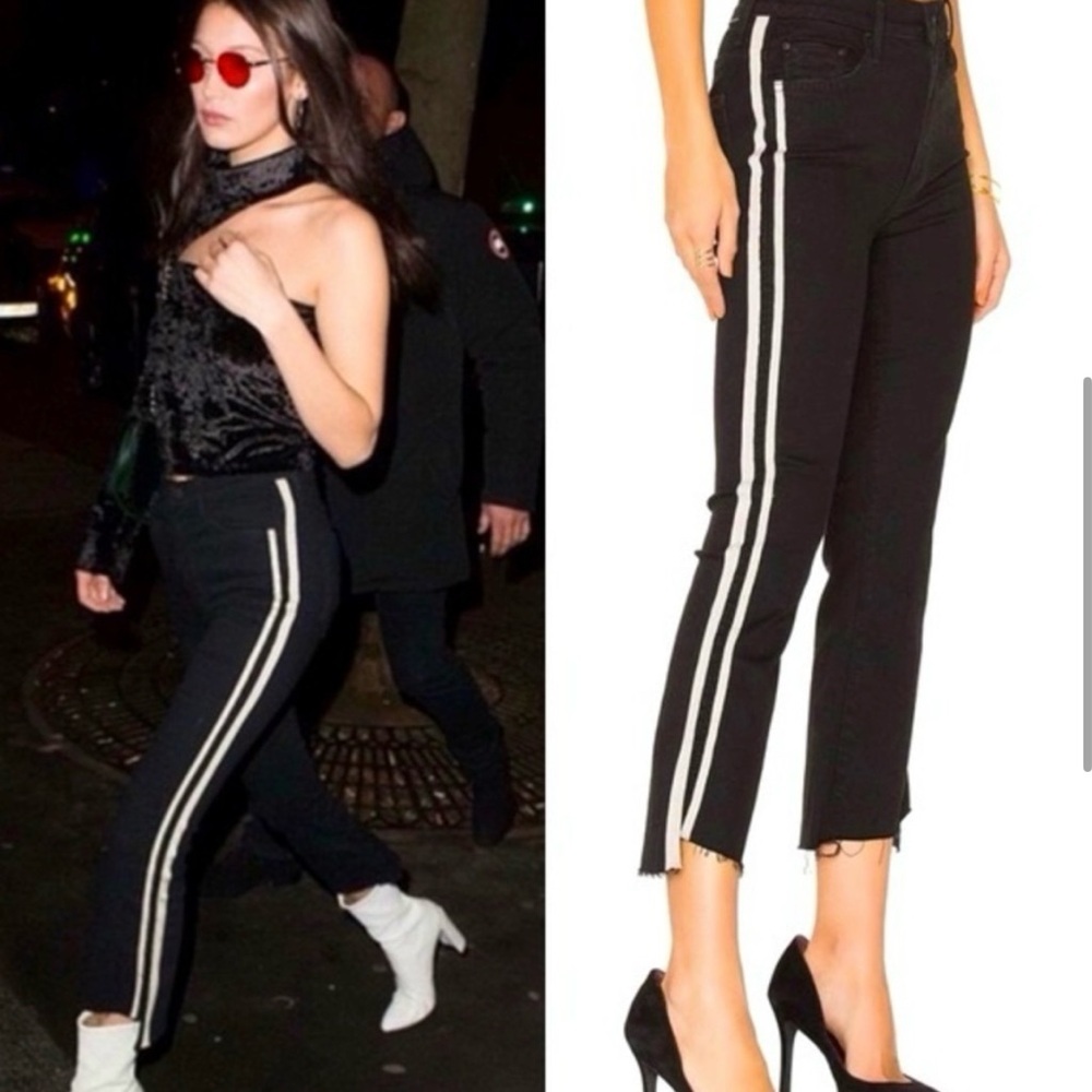 MOTHER Black Cropped Jeans with White Stripes